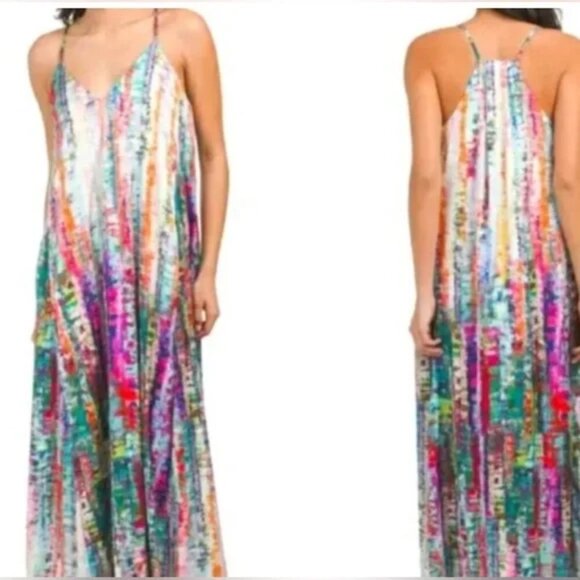 Nicole Miller * Gorgeous Watercolor Print Silky Satin Flowy Maxi Slip Dress XL - Picture 1 of 7